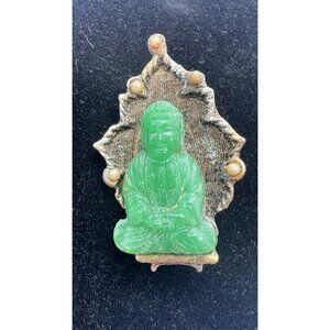 Vintage Ambassador Brooch Pin Peking Jade Green Buddha Gold Tone Spiritual